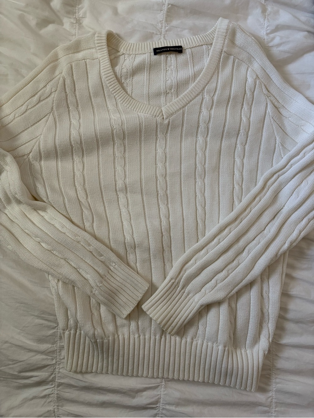 Brandy Melville Cream Cable-Knit V-Neck Sweater